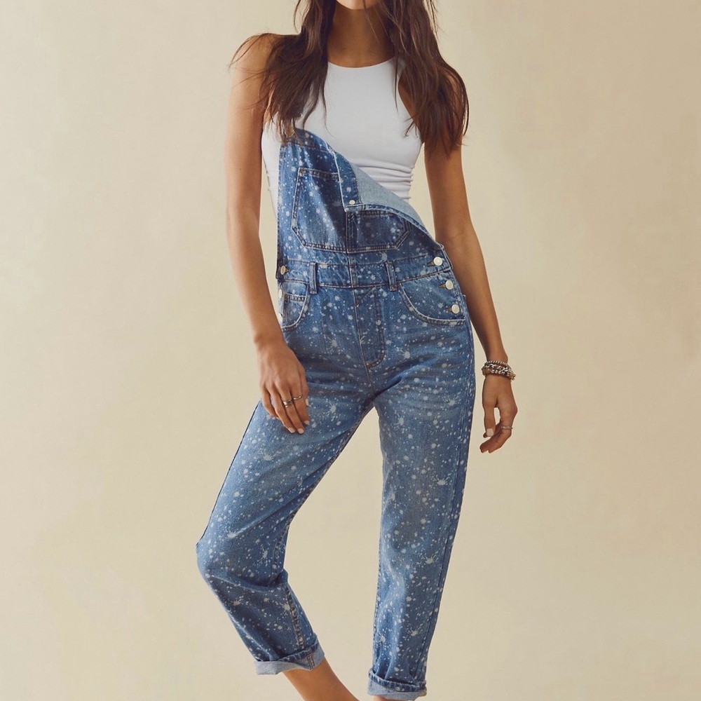 We The Free Ziggy Bleach-Splatter Denim Overalls size Medium